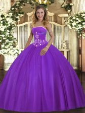 Fancy Purple Ball Gowns Beading Quinceanera Dresses Lace Up Tulle Sleeveless Floor Length