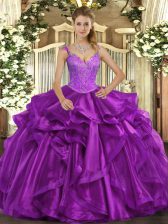 Vintage Purple Ball Gowns Organza Straps Sleeveless Beading and Ruffles Floor Length Lace Up Vestidos de Quinceanera