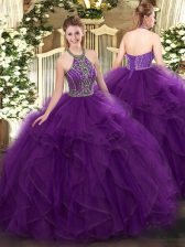  Floor Length Purple Quinceanera Dresses Tulle Sleeveless Beading and Ruffles