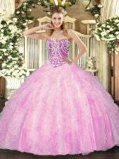 Shining Rose Pink Sleeveless Beading and Ruffles Floor Length Sweet 16 Quinceanera Dress