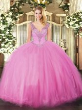  Beading Sweet 16 Quinceanera Dress Rose Pink Lace Up Sleeveless Floor Length