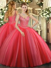  Coral Red Sleeveless Tulle Lace Up Vestidos de Quinceanera for Military Ball and Sweet 16 and Quinceanera