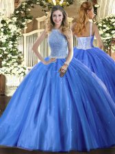 New Arrival High-neck Sleeveless Quinceanera Gowns Floor Length Beading Baby Blue Tulle