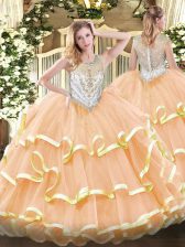  Sleeveless Floor Length Beading and Ruffled Layers Zipper Vestidos de Quinceanera with Peach
