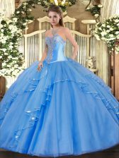 Glamorous Baby Blue Lace Up Quinceanera Gowns Beading and Ruffles Sleeveless Floor Length