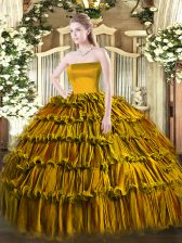 Glorious Brown Organza Zipper Quince Ball Gowns Sleeveless Floor Length Ruffled Layers