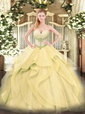 High End Gold Tulle Lace Up Quince Ball Gowns Sleeveless Floor Length Beading and Ruffles