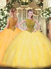 Elegant Gold Sleeveless Tulle Zipper Ball Gown Prom Dress for Sweet 16 and Quinceanera