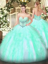 Pretty Beading and Ruffles 15th Birthday Dress Apple Green Lace Up Sleeveless Floor Length