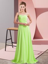  Yellow Green Criss Cross Prom Gown Ruching Sleeveless Sweep Train