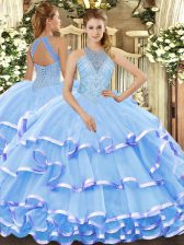 Smart Halter Top Sleeveless Organza Quinceanera Dress Beading and Ruffled Layers Lace Up
