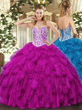 Clearance Fuchsia Ball Gowns Sweetheart Sleeveless Tulle Floor Length Lace Up Beading and Ruffles Quinceanera Dresses