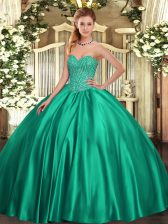  Sleeveless Satin Floor Length Lace Up Vestidos de Quinceanera in Turquoise with Beading