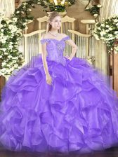  Lavender Ball Gowns Organza Off The Shoulder Sleeveless Beading and Ruffles Floor Length Lace Up Sweet 16 Dress