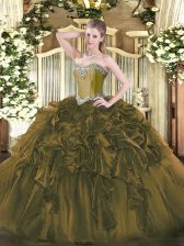 New Style Sleeveless Organza Floor Length Lace Up 15 Quinceanera Dress in Olive Green with Beading and Ruffles