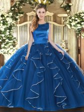 Nice Tulle Scoop Sleeveless Lace Up Ruffles Ball Gown Prom Dress in Blue