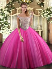  Hot Pink Ball Gowns Beading Ball Gown Prom Dress Lace Up Tulle Sleeveless Floor Length