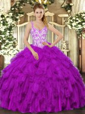 Fashionable Fuchsia Sleeveless Organza Lace Up Ball Gown Prom Dress for Sweet 16 and Quinceanera