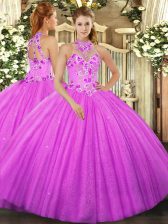  Sleeveless Floor Length Beading and Embroidery Lace Up Ball Gown Prom Dress with Fuchsia