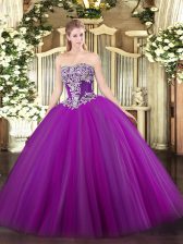  Purple Tulle Lace Up Strapless Sleeveless Floor Length Quinceanera Dress Beading