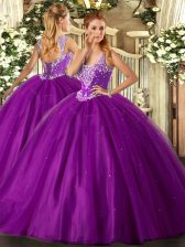 Charming Tulle Straps Sleeveless Lace Up Beading Vestidos de Quinceanera in Purple