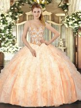 Colorful Peach Straps Lace Up Beading and Ruffles Quinceanera Gowns Sleeveless
