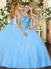 Shining Sleeveless Floor Length Beading Lace Up Quinceanera Dresses with Baby Blue