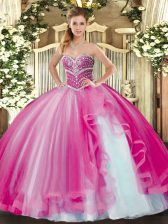 Smart Sleeveless Floor Length Beading and Ruffles Lace Up Quinceanera Dress with Fuchsia