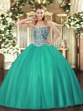 Dazzling Beading Quinceanera Dress Turquoise Lace Up Sleeveless Floor Length