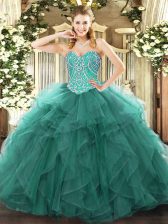  Beading and Ruffles Ball Gown Prom Dress Turquoise Lace Up Sleeveless Floor Length