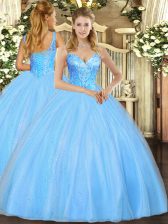  Aqua Blue Lace Up V-neck Beading Quince Ball Gowns Tulle Sleeveless