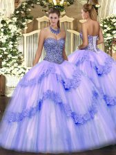  Tulle Sweetheart Sleeveless Lace Up Beading and Appliques and Ruffles Vestidos de Quinceanera in Lavender
