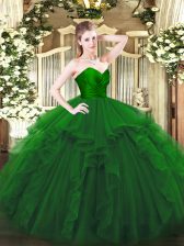  Floor Length Zipper Sweet 16 Dress Green for Military Ball and Sweet 16 and Quinceanera with Ruffles