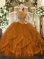 Enchanting Brown Scoop Neckline Beading and Ruffles Quince Ball Gowns Sleeveless Zipper