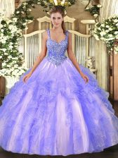 Wonderful Lavender Tulle Lace Up Straps Sleeveless Floor Length 15th Birthday Dress Beading and Ruffles