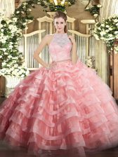 Watermelon Red Zipper 15 Quinceanera Dress Lace and Ruffled Layers Sleeveless Floor Length
