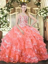 Fantastic Watermelon Red Sleeveless Floor Length Beading and Ruffled Layers Lace Up Quinceanera Dresses