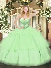 Stunning Tulle Sweetheart Sleeveless Lace Up Beading and Ruffled Layers Quinceanera Dress in Yellow Green