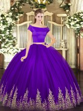 Fashion Purple Zipper Ball Gown Prom Dress Appliques Short Sleeves Floor Length