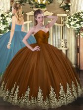 Artistic Floor Length Brown 15th Birthday Dress Tulle Sleeveless Appliques