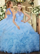  Aqua Blue Organza Lace Up Halter Top Sleeveless Floor Length Sweet 16 Quinceanera Dress Beading and Ruffles and Pick Ups