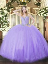 Deluxe Floor Length Lace Up 15th Birthday Dress Lavender for Military Ball and Sweet 16 and Quinceanera with Beading
