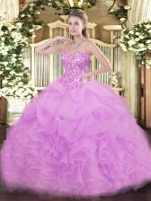 Dramatic Lilac Organza Lace Up Vestidos de Quinceanera Sleeveless Floor Length Lace and Ruffles and Pick Ups