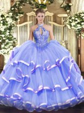  Lavender Ball Gowns Halter Top Sleeveless Organza Floor Length Lace Up Beading Sweet 16 Dress