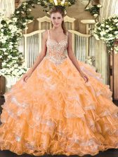 Flirting Orange Ball Gowns Beading and Ruffled Layers 15th Birthday Dress Lace Up Organza Sleeveless Floor Length