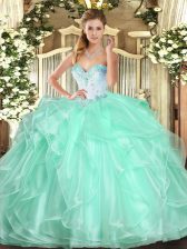  Apple Green Ball Gown Prom Dress Military Ball and Sweet 16 and Quinceanera with Beading and Ruffles Sweetheart Sleeveless Lace Up