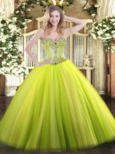 Excellent Yellow Green Ball Gowns Sweetheart Sleeveless Tulle Floor Length Lace Up Beading Sweet 16 Dresses