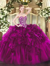  Floor Length Lace Up 15 Quinceanera Dress Fuchsia for Military Ball and Sweet 16 and Quinceanera with Beading and Ruffles