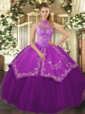 Noble Eggplant Purple Halter Top Neckline Beading and Embroidery Quinceanera Gowns Sleeveless Lace Up