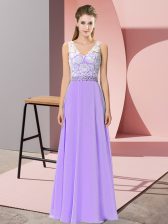 Custom Fit Lavender Chiffon Backless Prom Gown Sleeveless Floor Length Beading